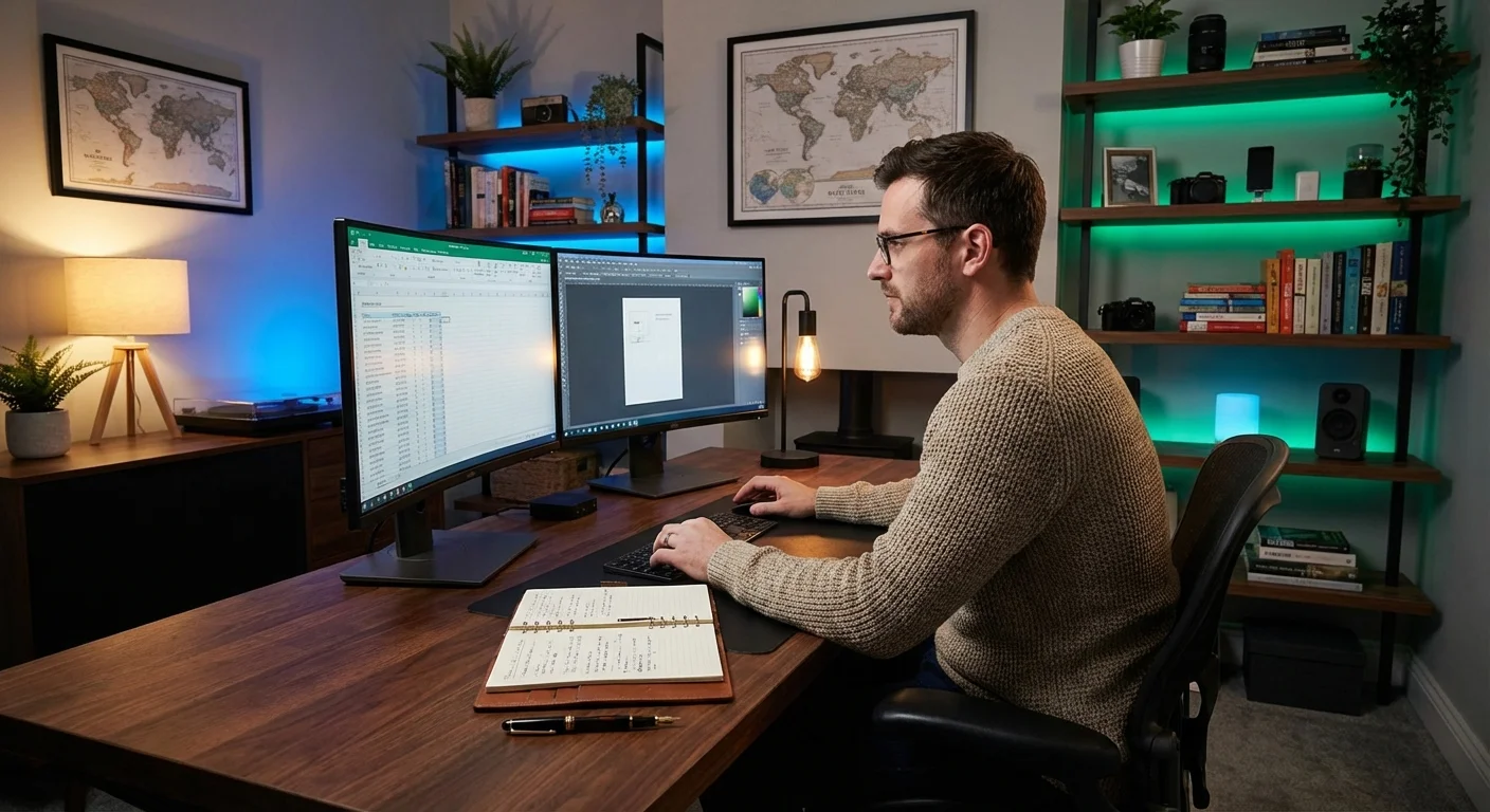 A professional working with multiple screens in a well-organized home office.