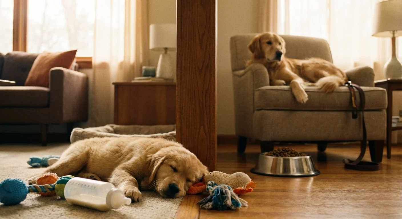 A puppy and an adult dog together in a warm, domestic setting.