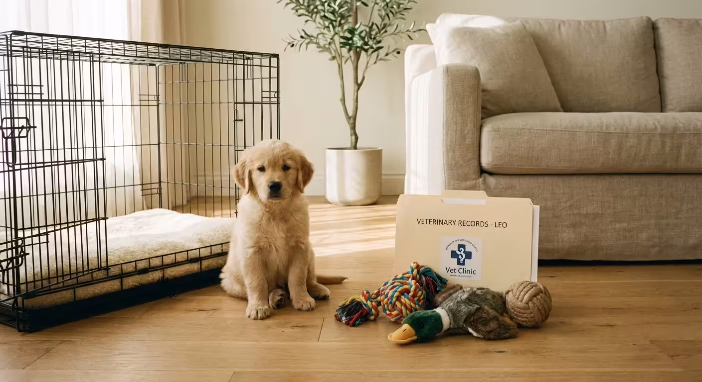 A puppy sitting with new gear and vet records, illustrating the high initial costs of pet ownership.