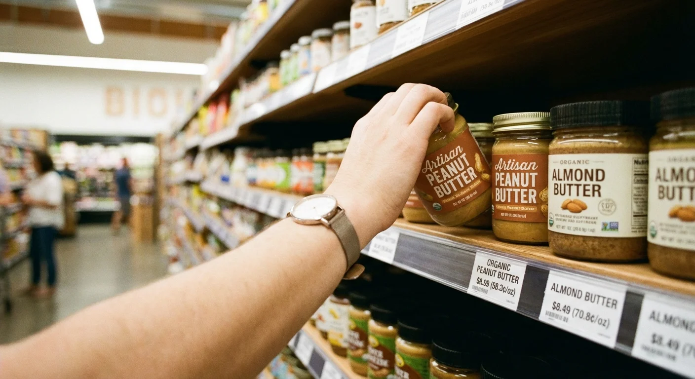 A shopper's hand near grocery shelf tags highlighting unit price comparisons.