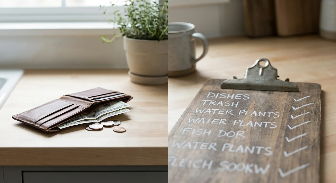 A side-by-side view of a small wallet and a chore checklist on a clean counter.