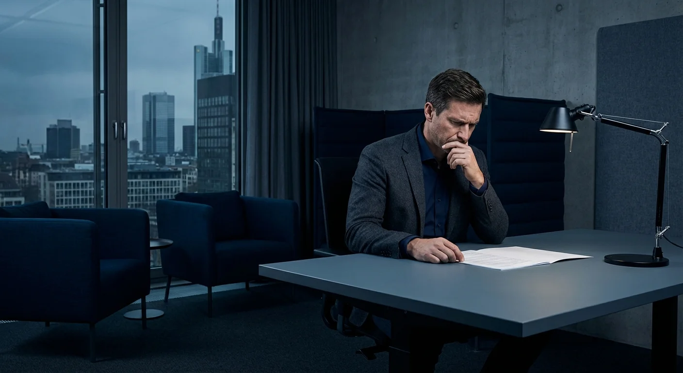 A silhouette of a person in a luxury room looking out a window into the dark.