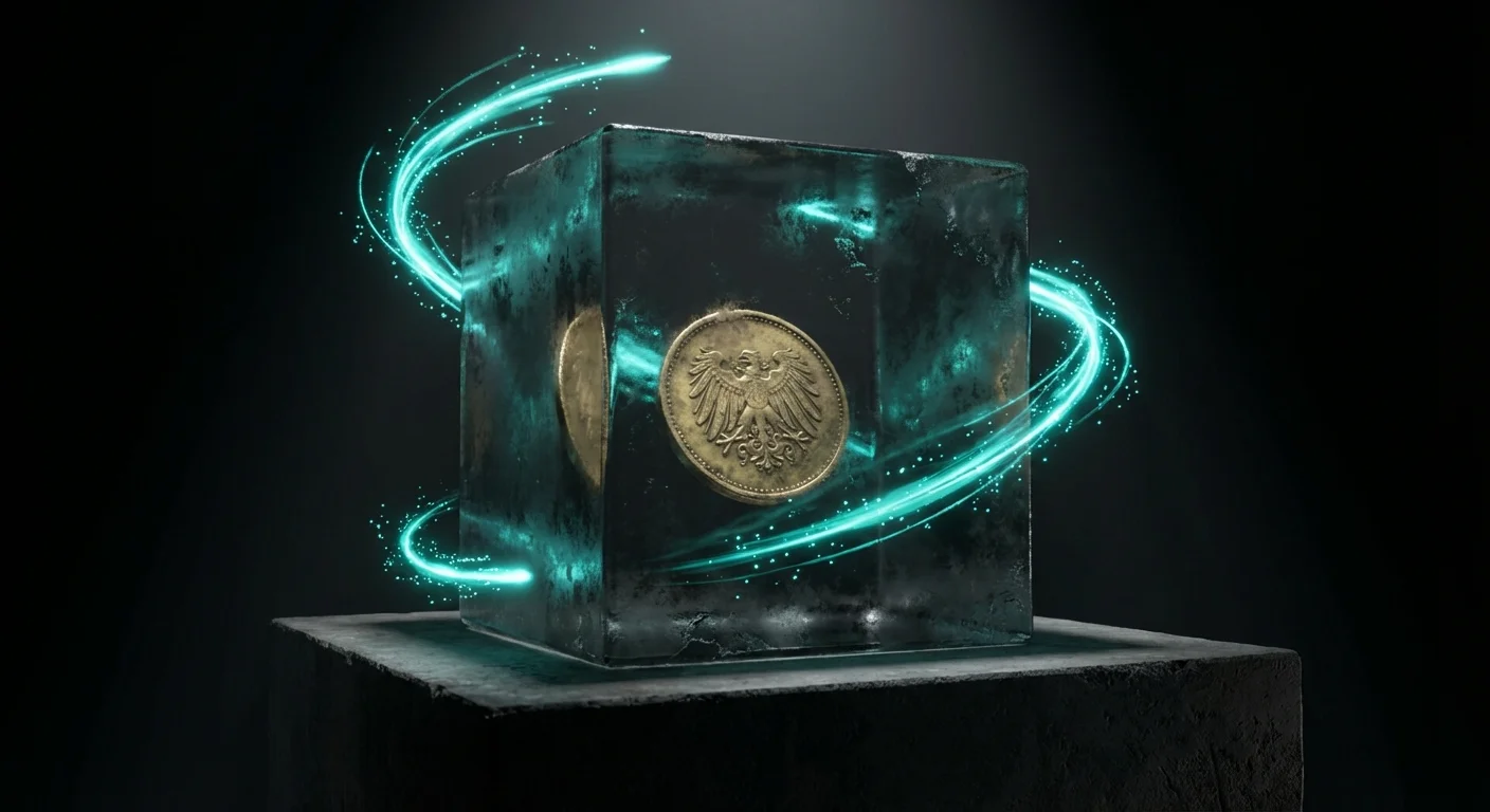 A single coin sitting still inside a glass box while bright energy flows around it.