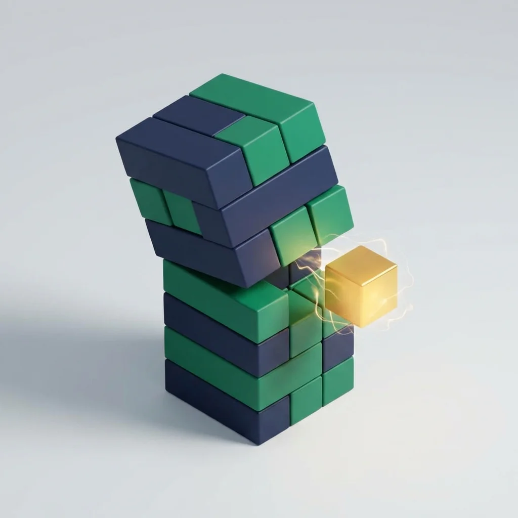 A slightly tilted stack of 3D blocks being corrected by a gold block, representing the correction of common tax mistakes.