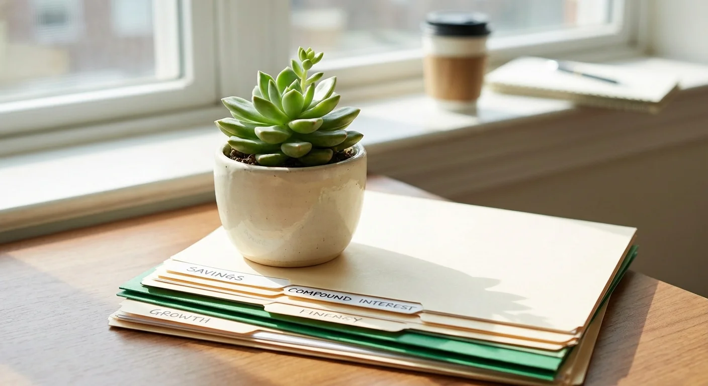 A small green plant growing on a desk, symbolizing the growth of a savings fund.
