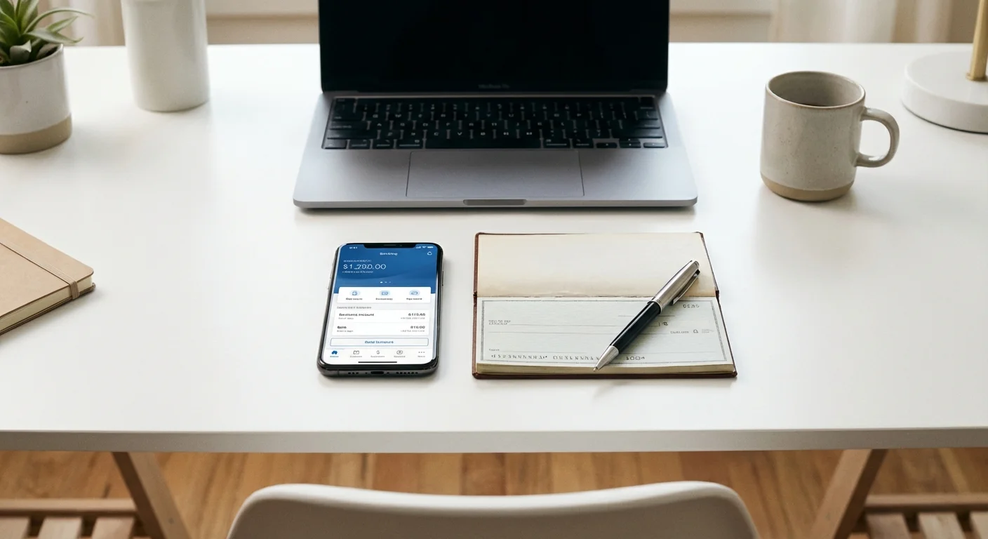 A smartphone and a checkbook arranged neatly on a desk to symbolize financial choices.