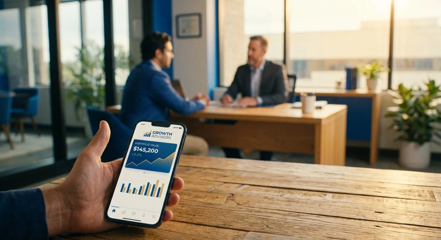 A smartphone app in the foreground with a blurred financial consultation in the background.
