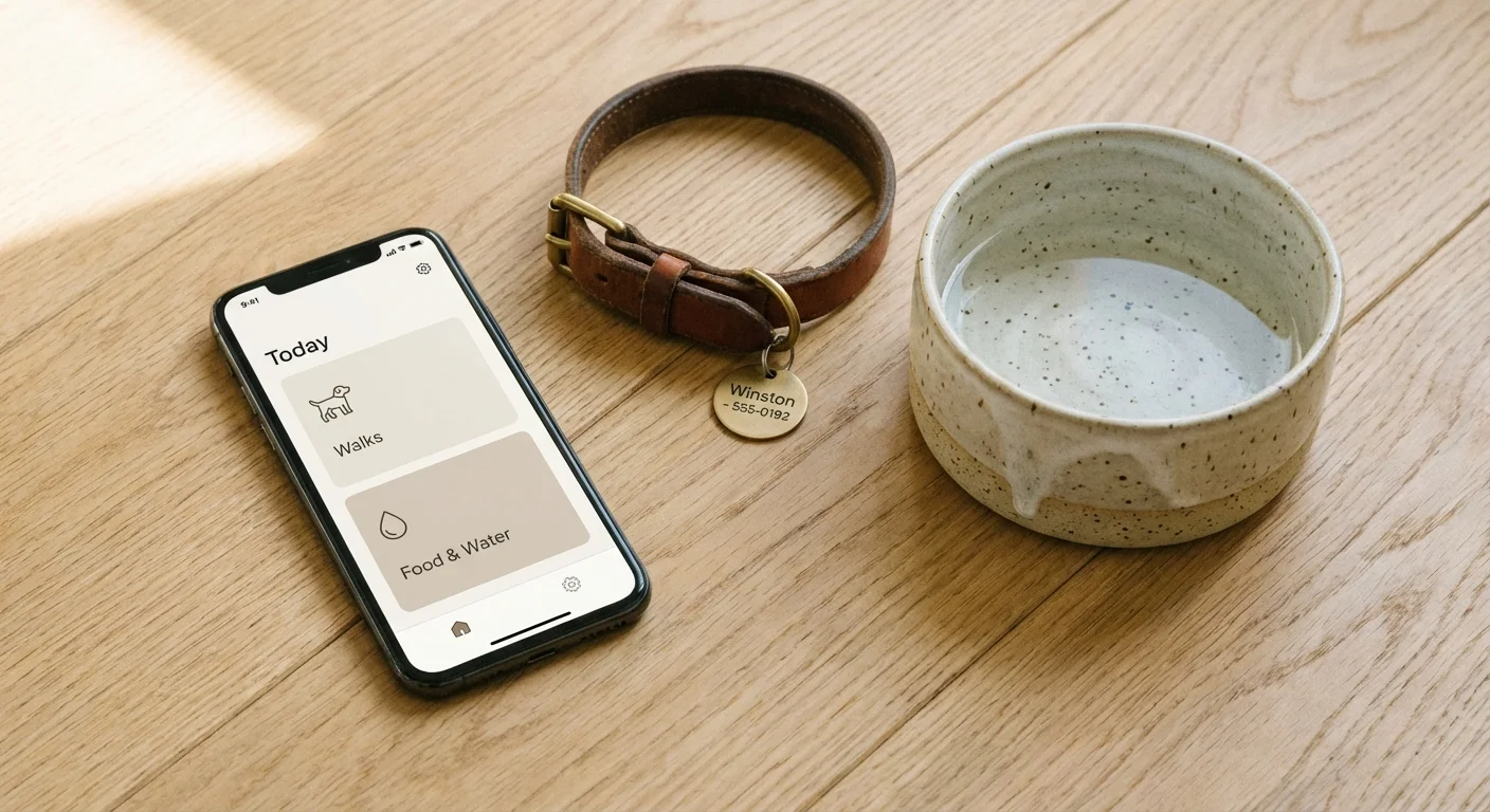 A smartphone app interface sits next to a dog collar and bowl on a wooden floor.