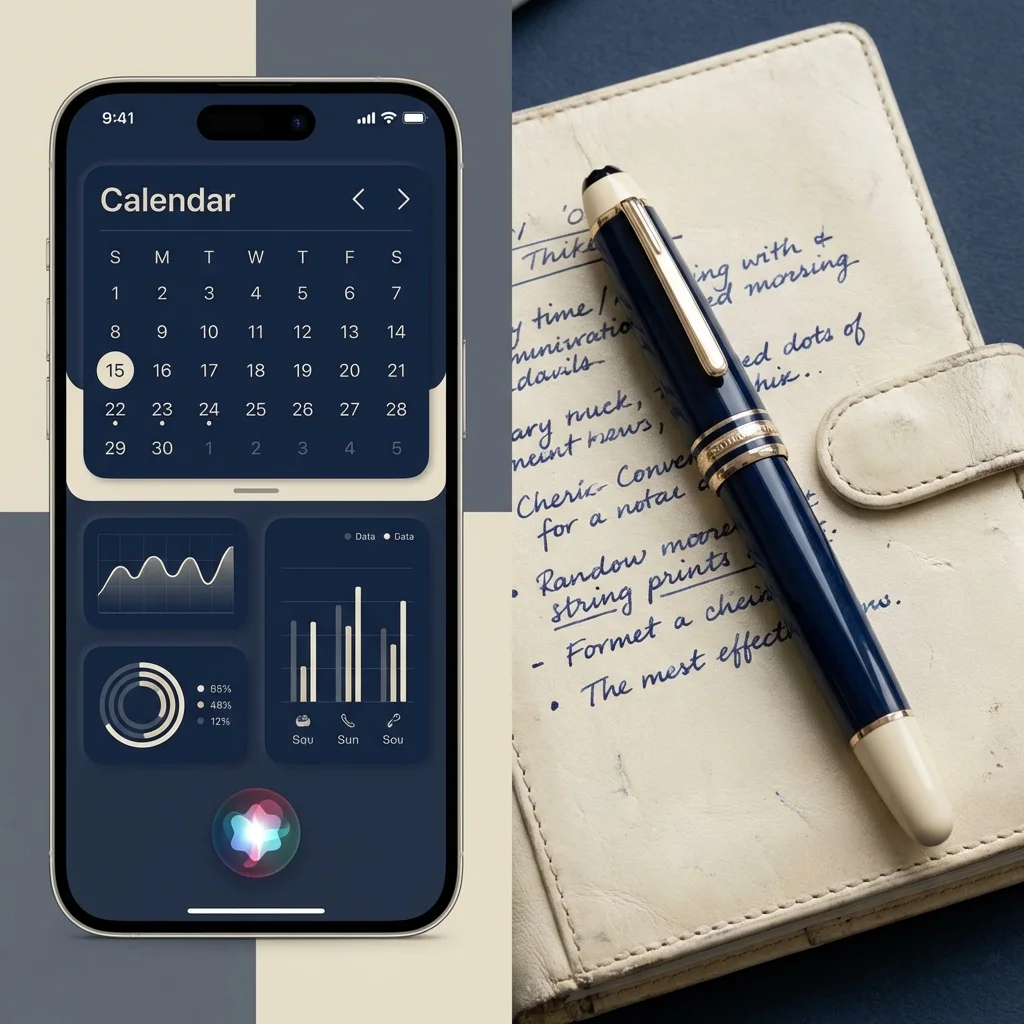 A smartphone next to a traditional planner, representing different management styles.