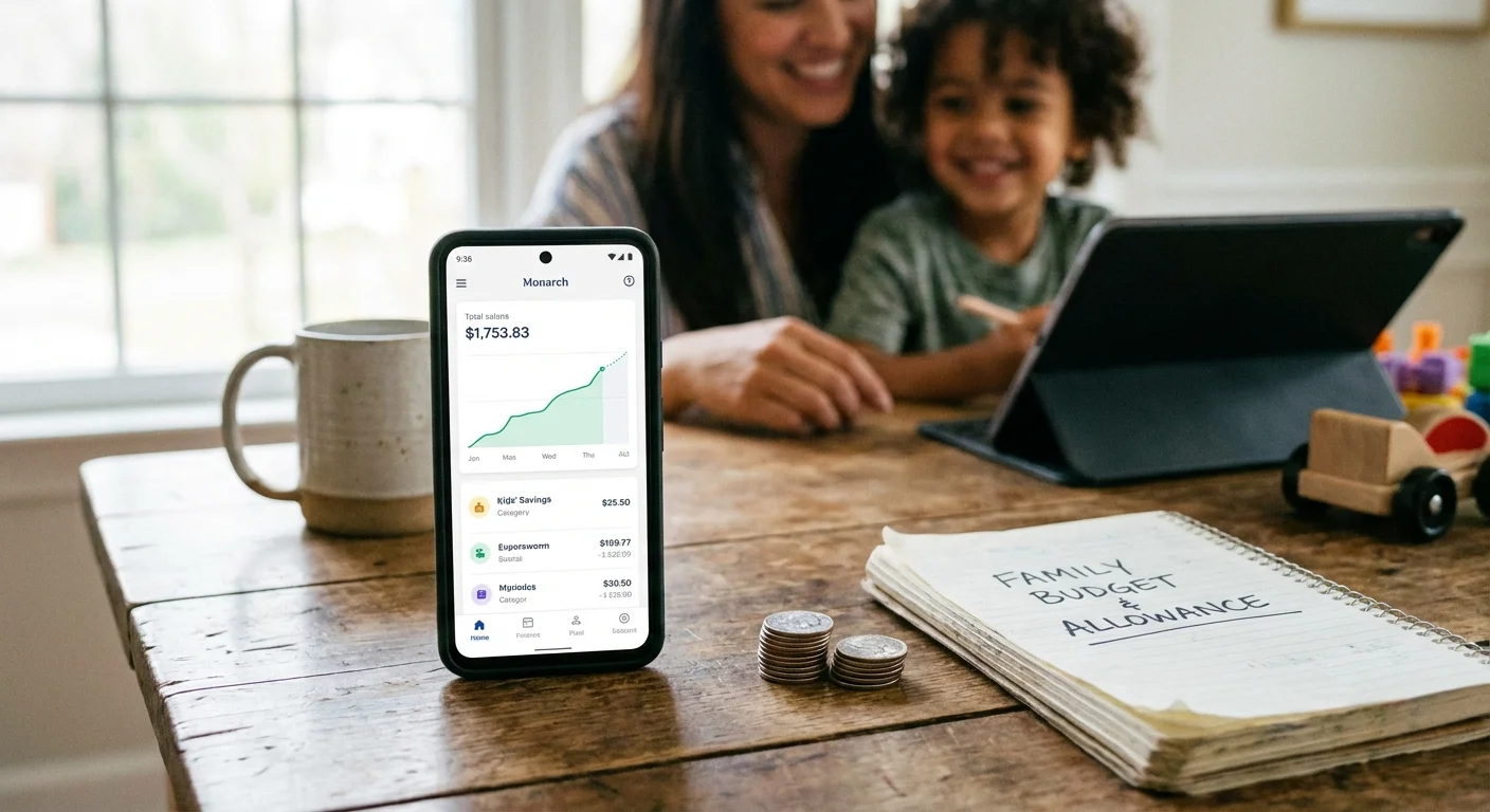 A smartphone with a finance app next to coins and a notebook on a wooden table.