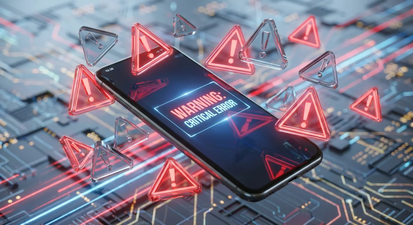 A smartphone with floating 3D warning icons indicating security errors.