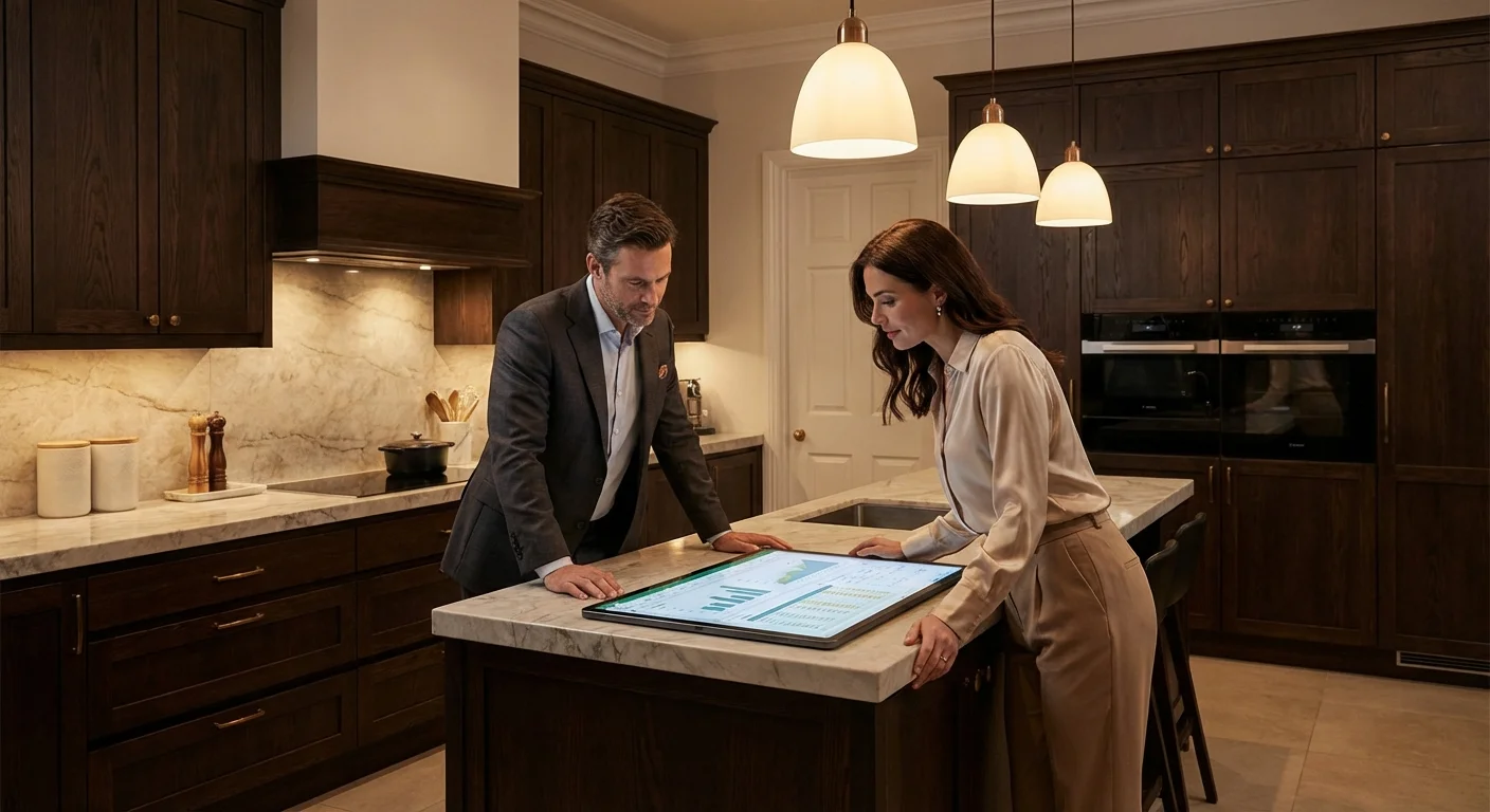 A sophisticated couple reviews financial data on a tablet in a luxury kitchen.