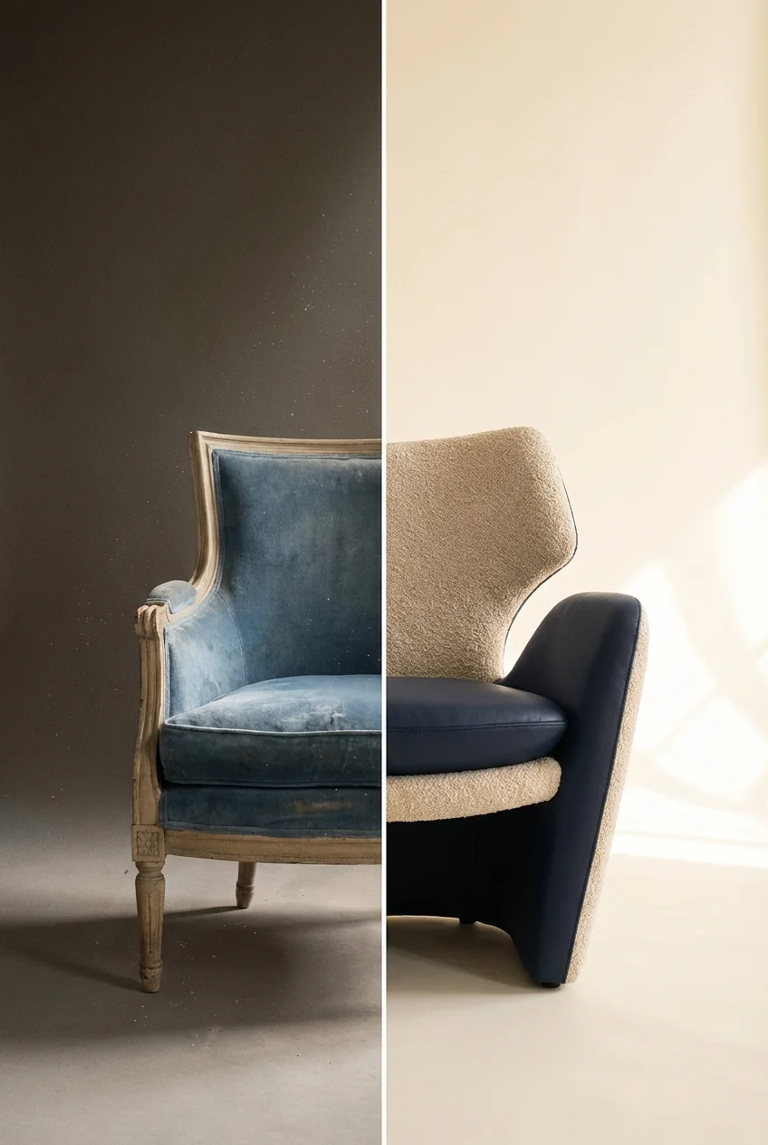 A split image comparing an old armchair with a new one to show payout differences.