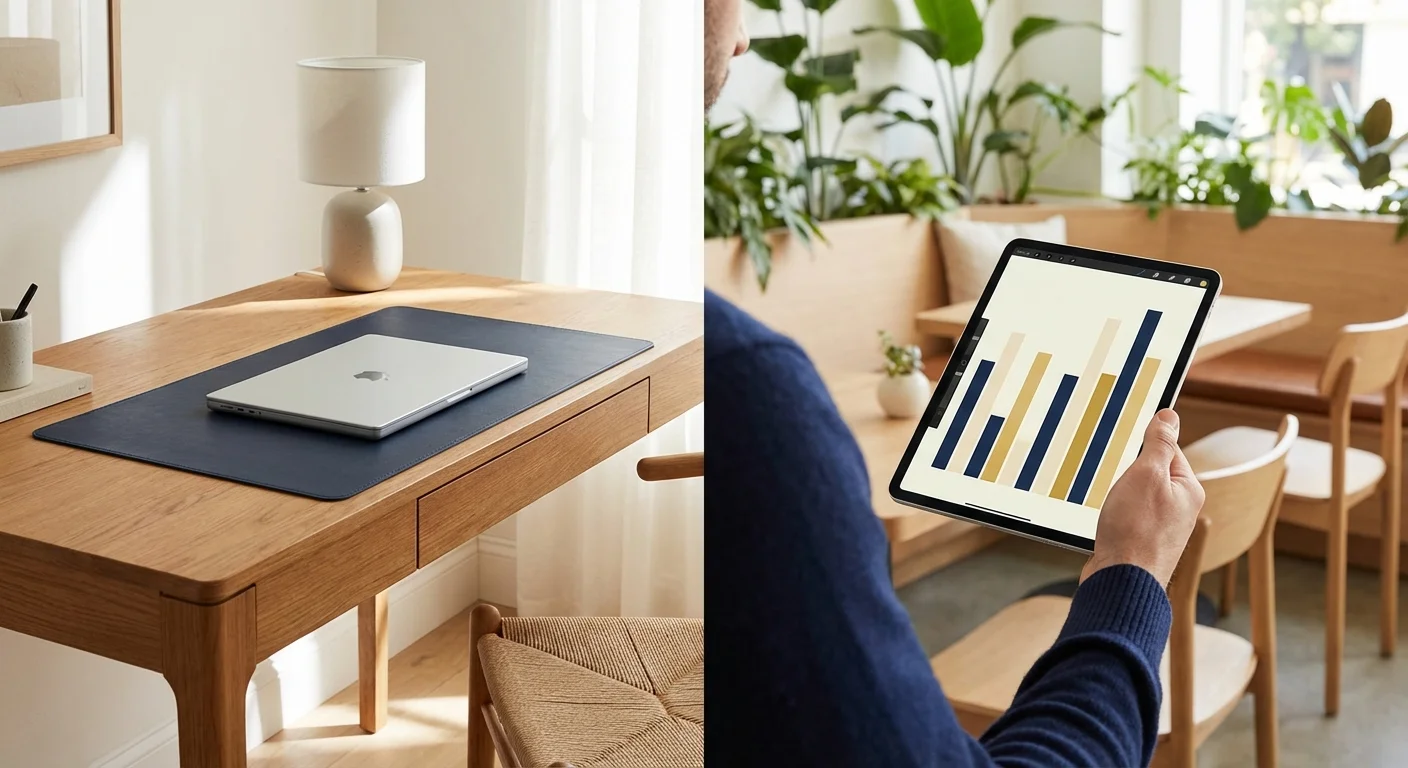 A split image showing a high-end desk and a person reviewing digital documents.