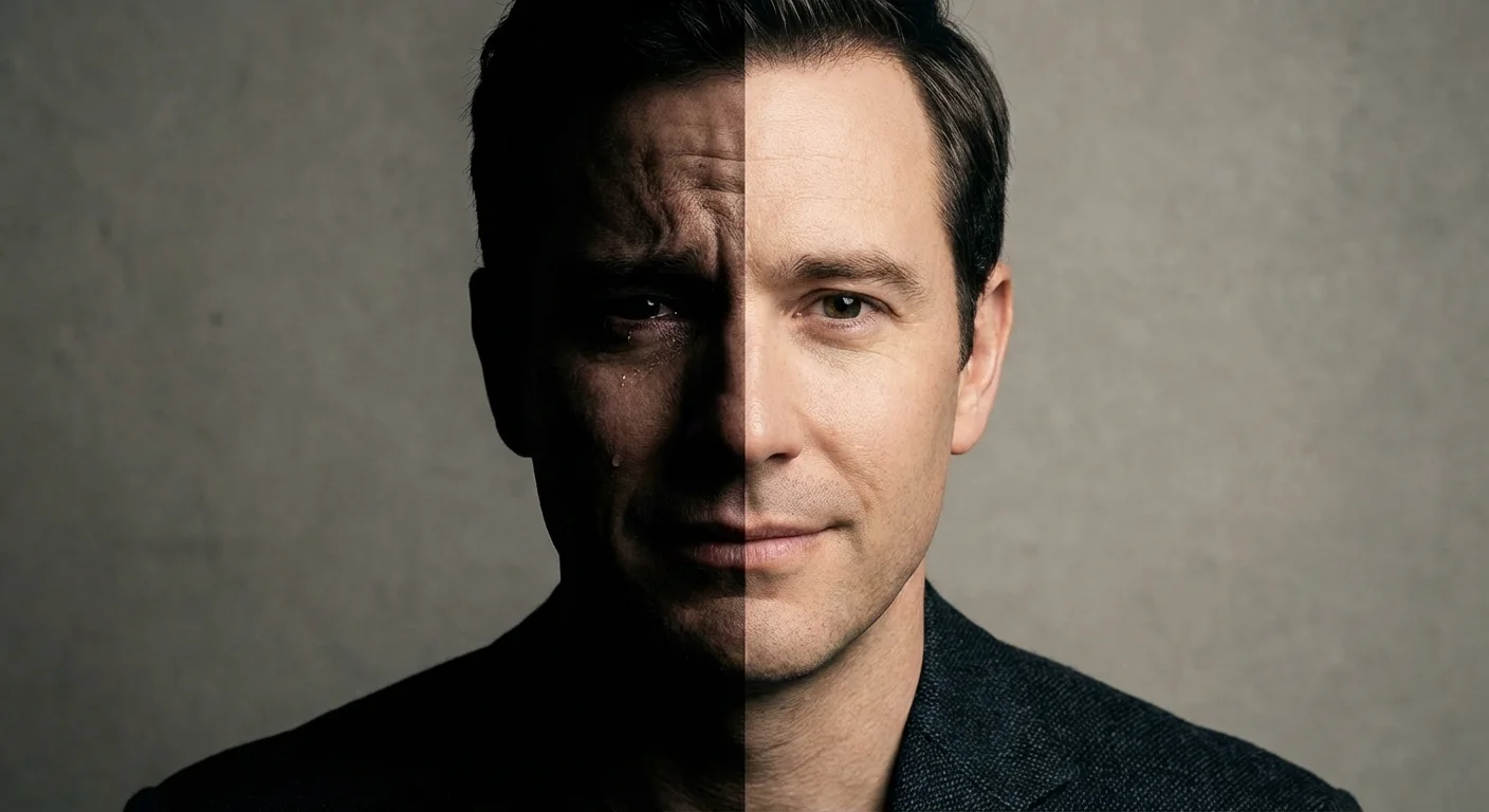 A split-lit portrait showing one side of a man's face in shadow and the other in clear light.