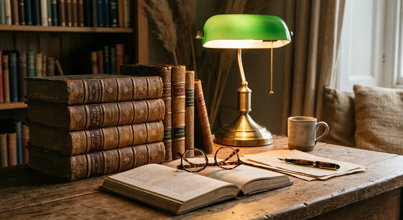 A stack of books and reading glasses on a desk under a warm lamp.