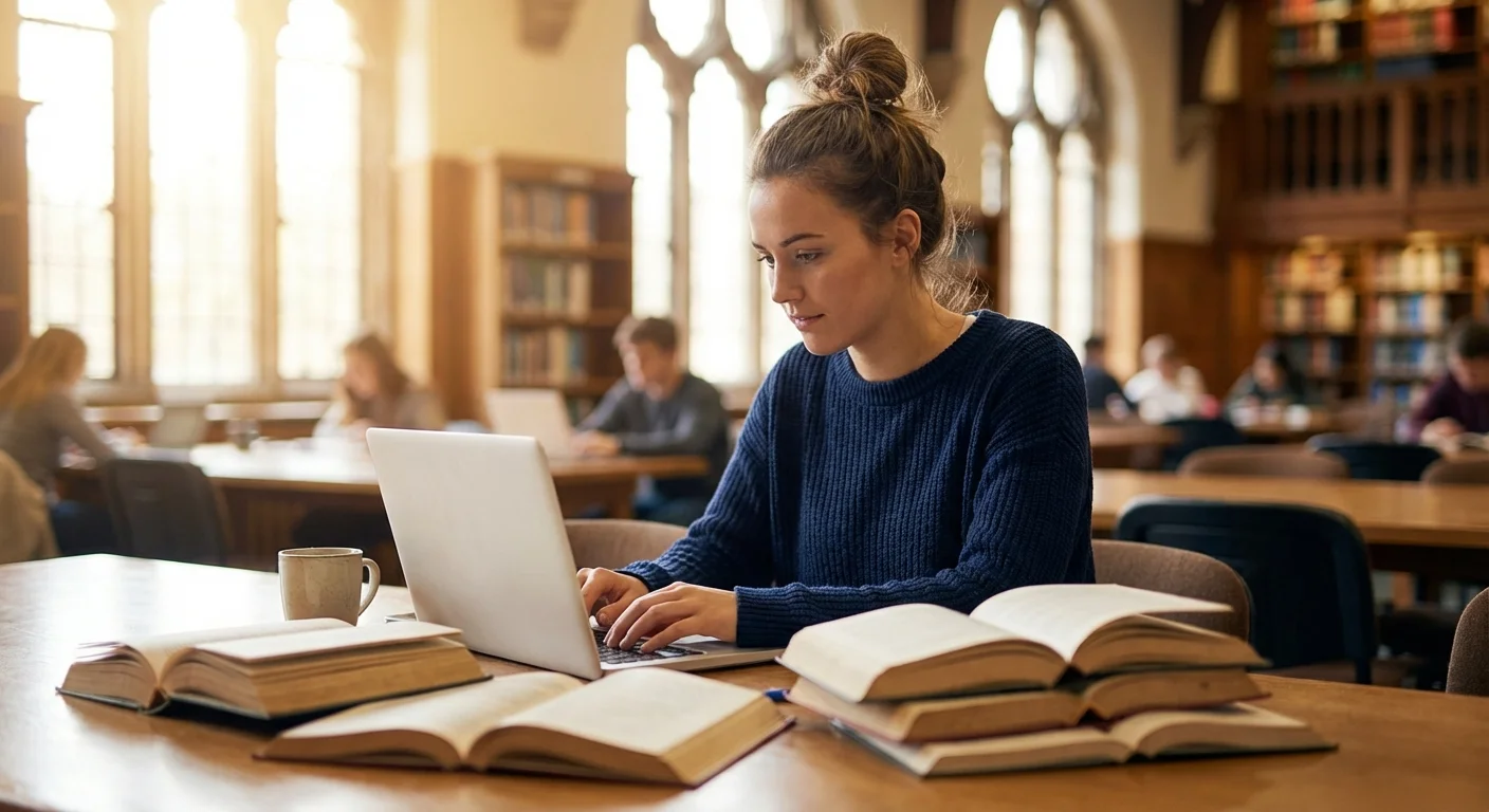 A student works on a laptop in a bright library, representing qualified education expenses.