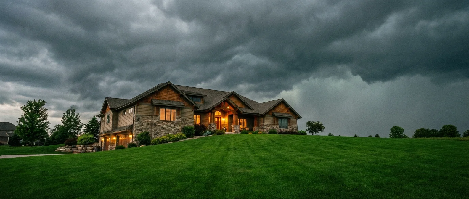 A suburban house under a dark, heavy sky, showing that every home faces some level of risk.