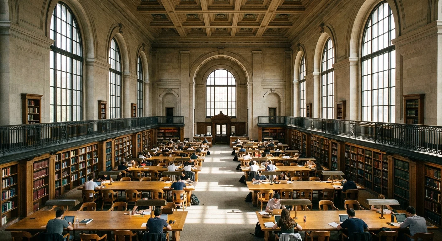 A sunlit university library interior, symbolizing the educational focus of 529 plans.