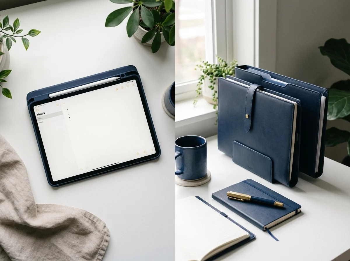 A symmetrical overhead view of a desk comparing digital and physical filing methods.
