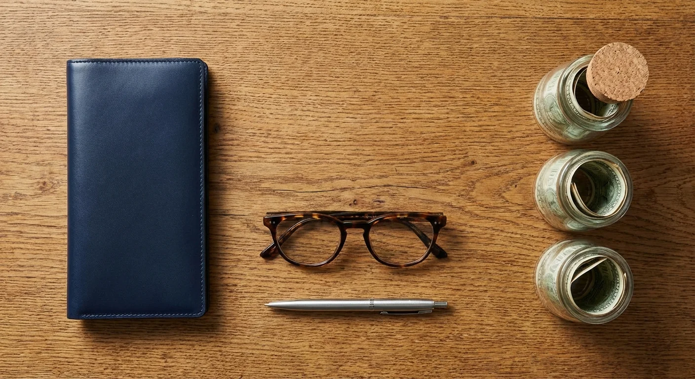 A symmetrical overhead view of a wallet and three savings jars, illustrating different saving methods.