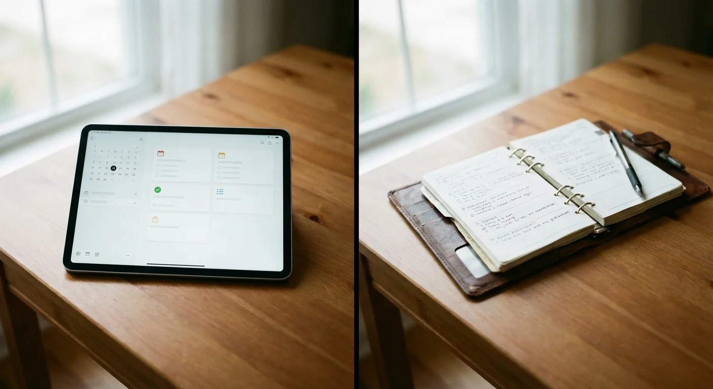 A tablet and a leather planner on a wooden desk, showing different organization styles.