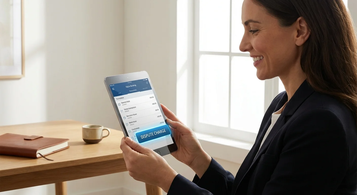 A tablet screen showing a credit card statement with a highlighted dispute option.