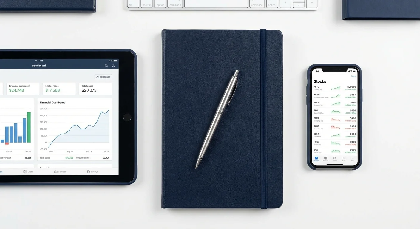 A tablet, smartphone, and notebook neatly arranged on a desk.