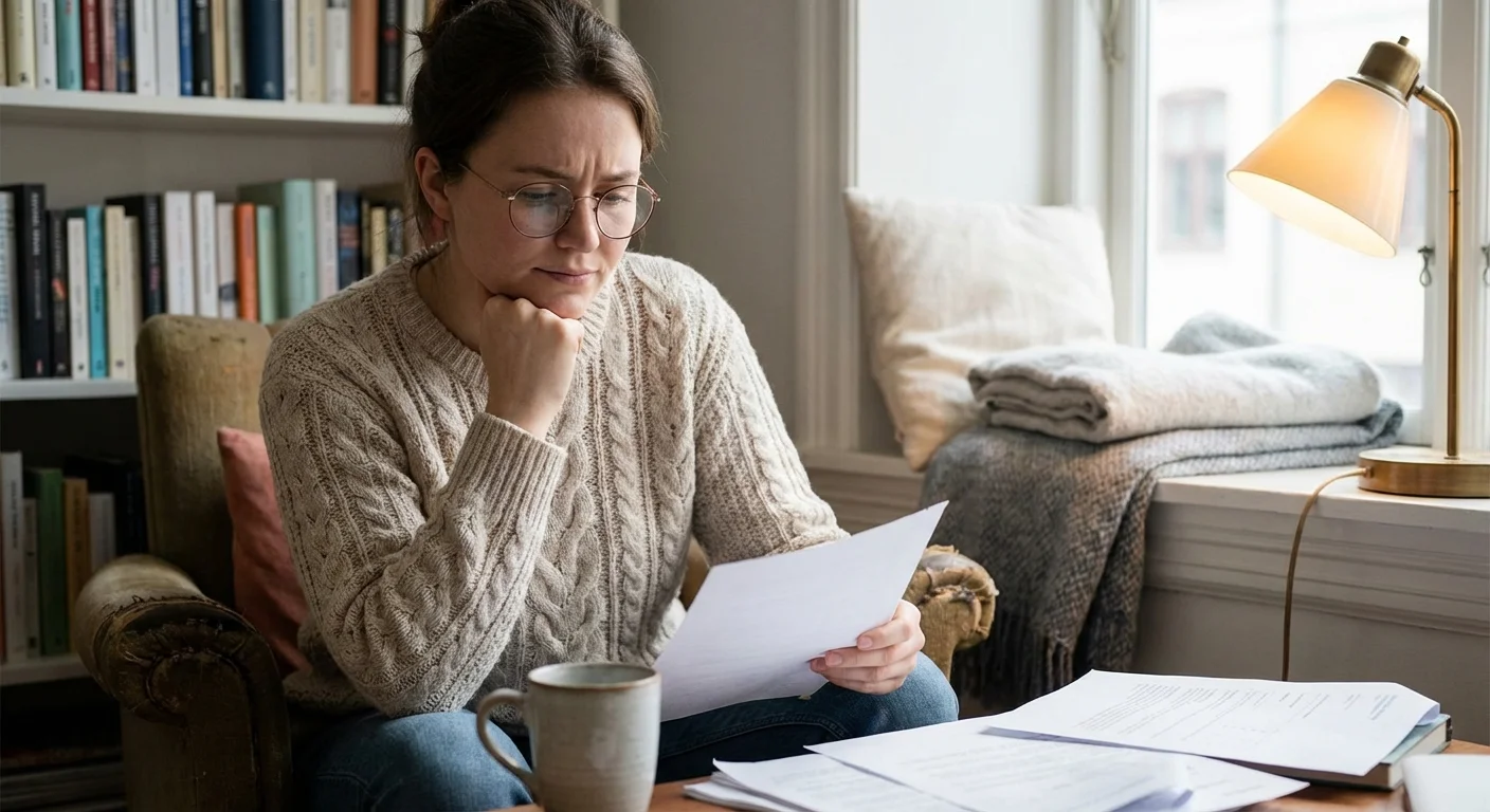 A thoughtful person reviewing a document with focus in a bright room.