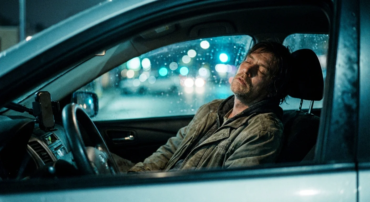 A tired man resting in his car after a long shift.