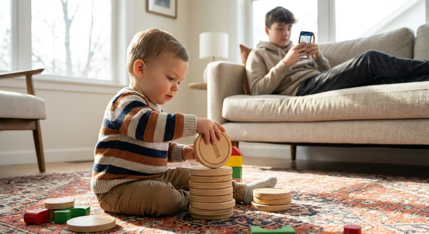 A toddler playing with coins while a teenager uses a smartphone in a living room.