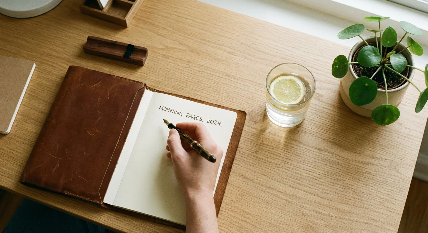 A top-down view of a person writing in a journal on an organized desk.