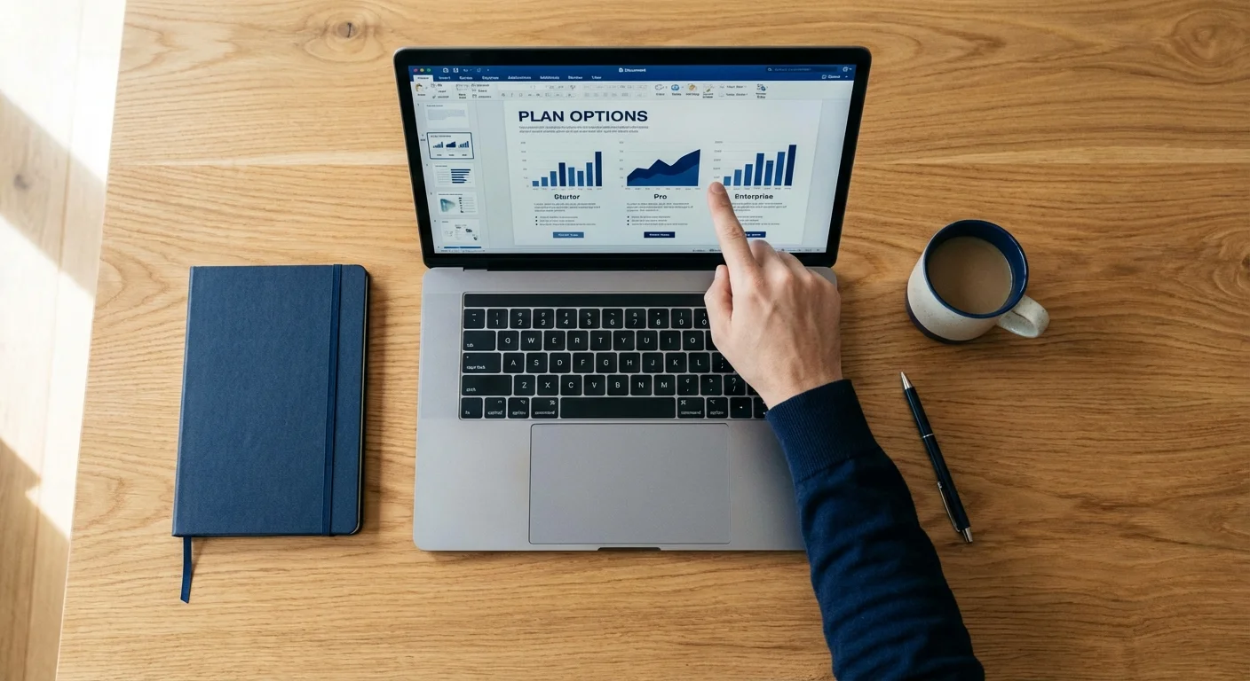 A top-down view of someone selecting insurance coverage options on a laptop at a organized desk.