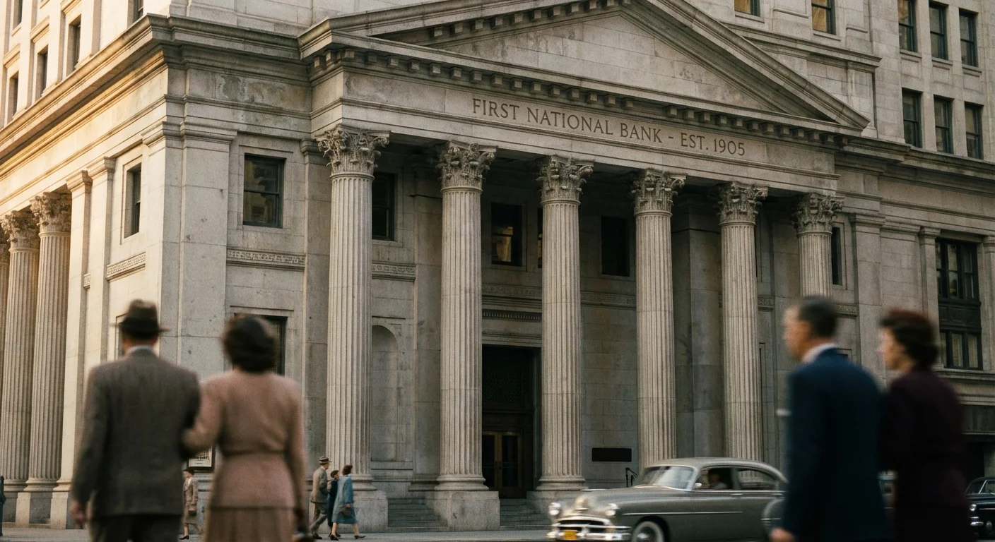 A traditional stone bank building with columns, representing established financial institutions.