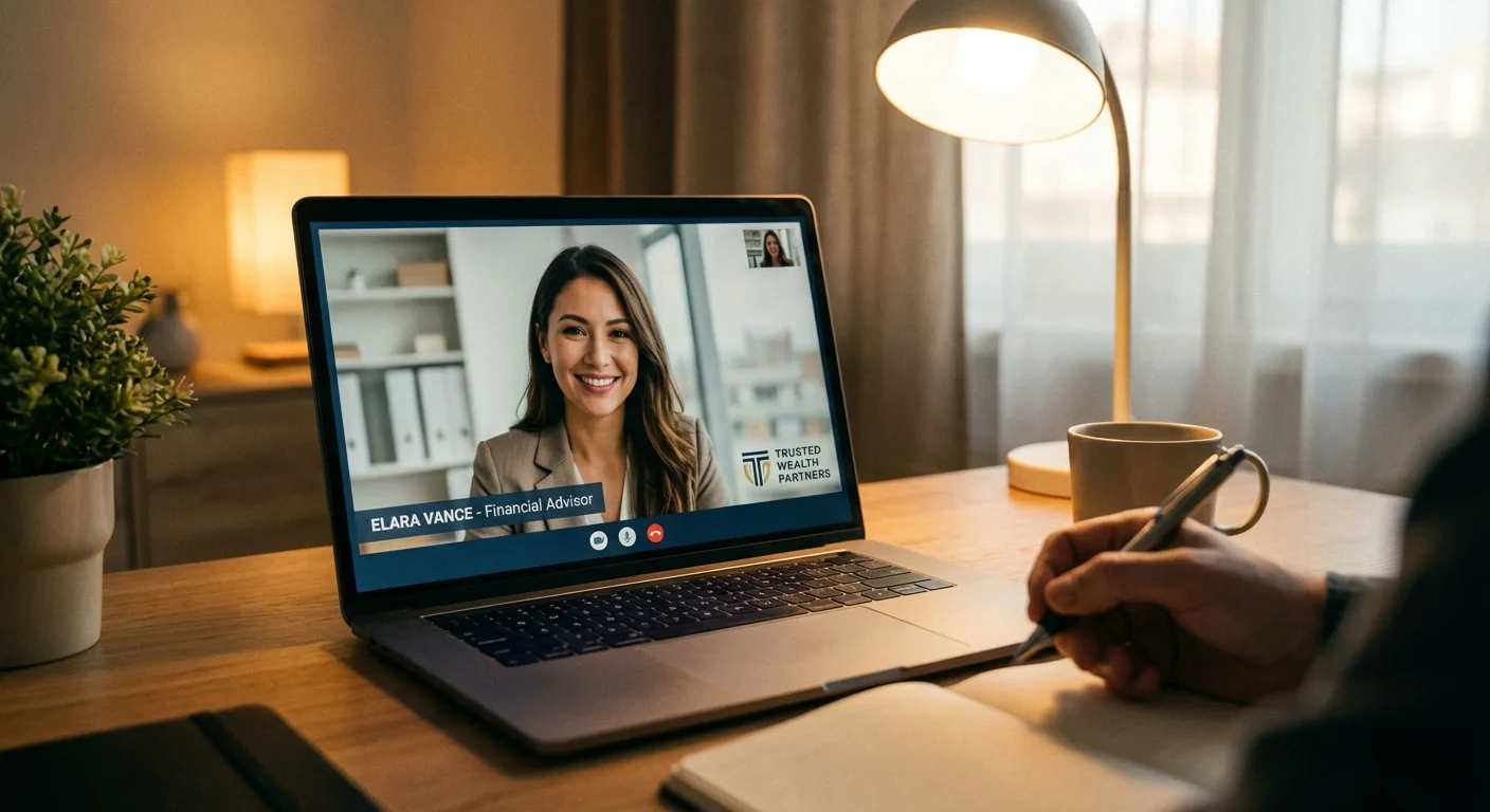 A video call with a financial advisor on a laptop screen.