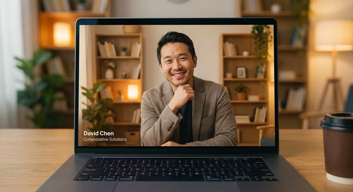 A video call with a financial professional in a warm, trustworthy home office setting.