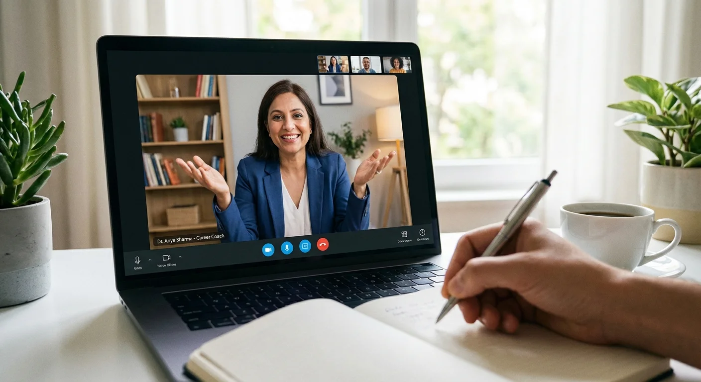 A video call with a friendly financial professional on a laptop screen.