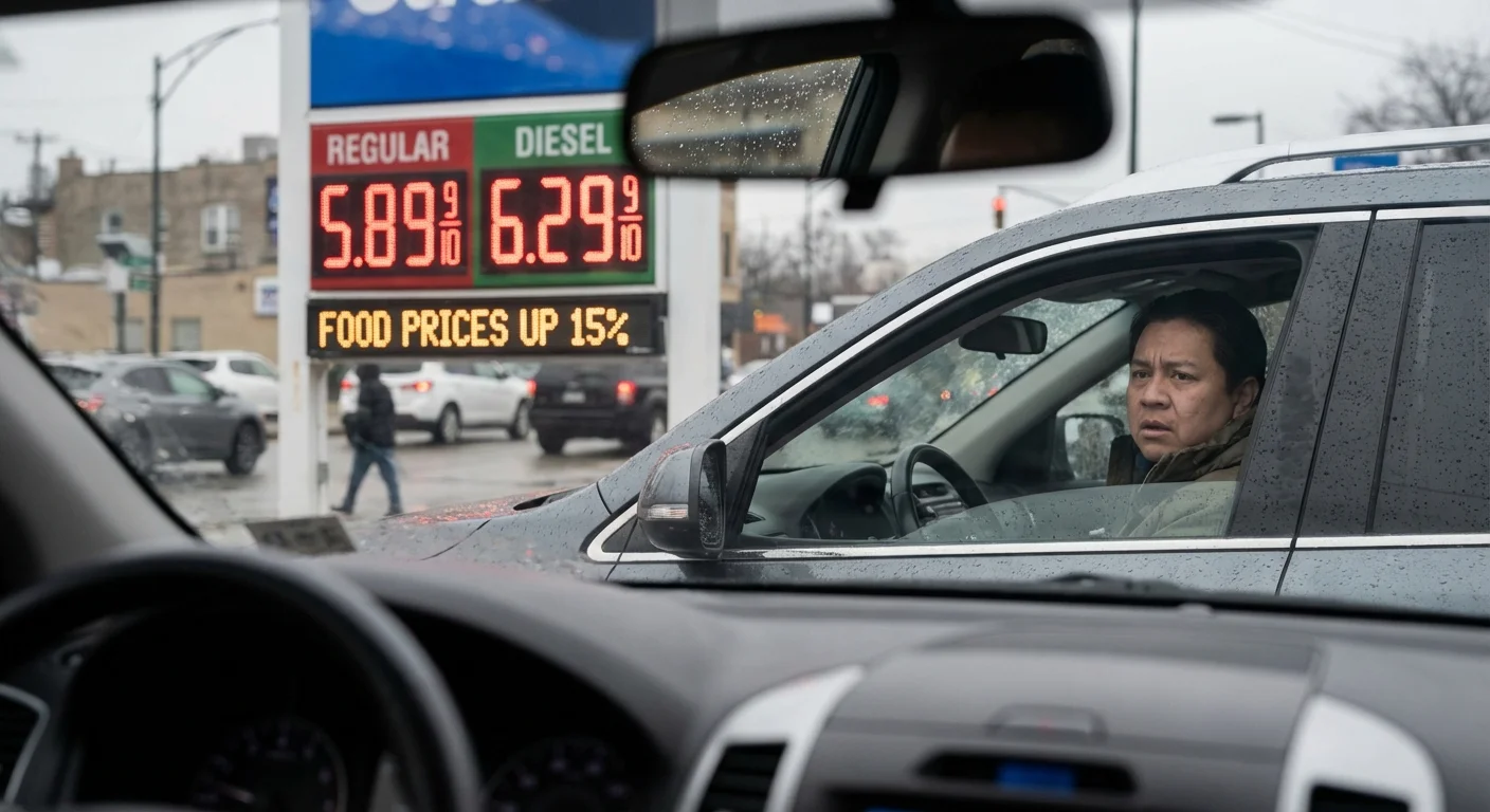 A view of a gas station price sign through a car window.
