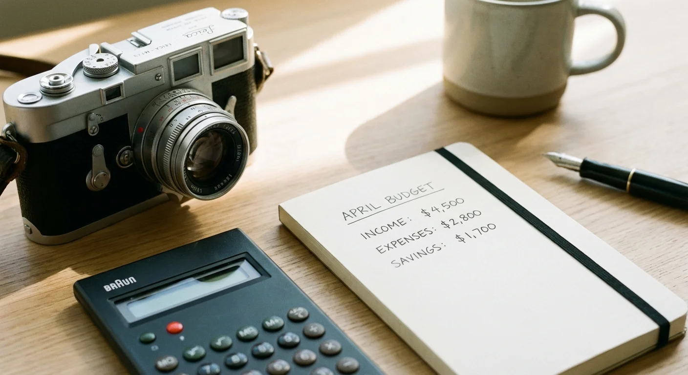 A vintage camera next to a calculator and a notepad with financial notes.