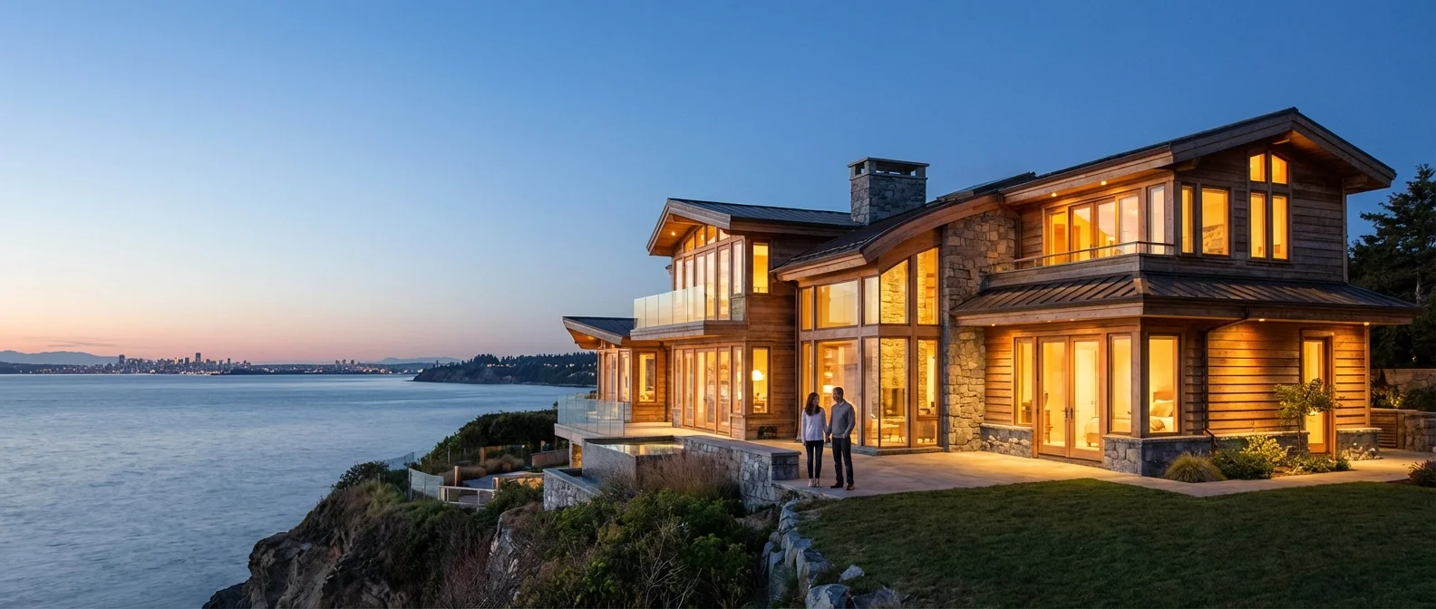 A warm, glowing contemporary home at dusk, representing a successful financial move.