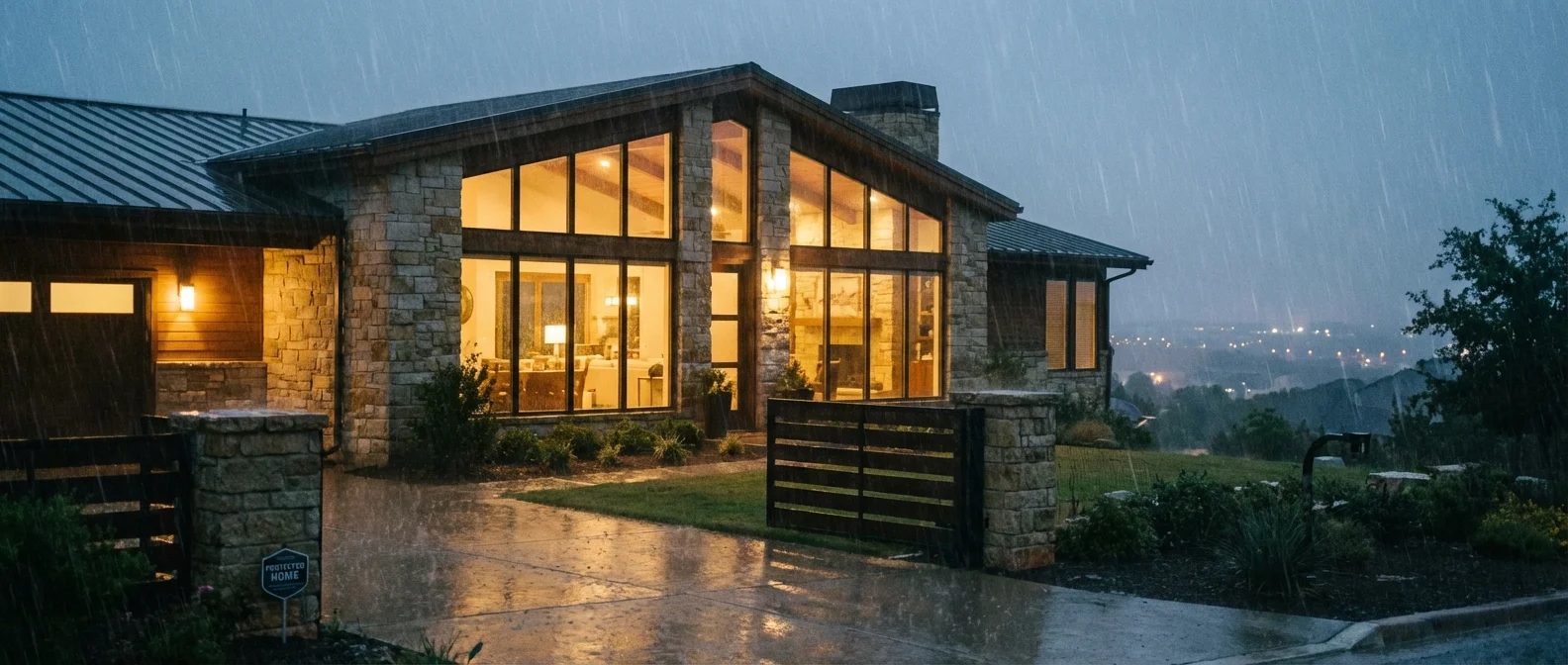A warm, lit modern house seen from the outside during a rainy evening.