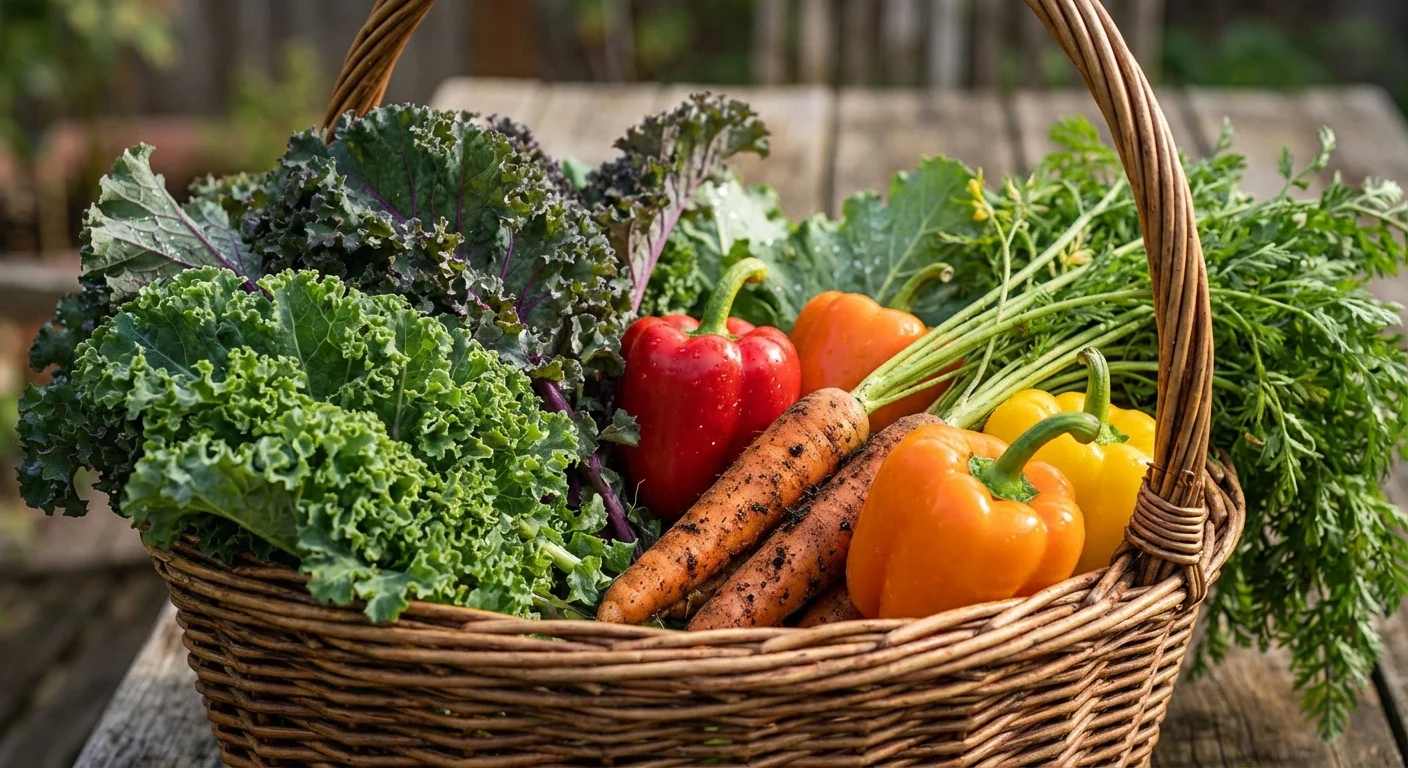 A wicker basket filled with fresh, colorful seasonal vegetables in natural light.