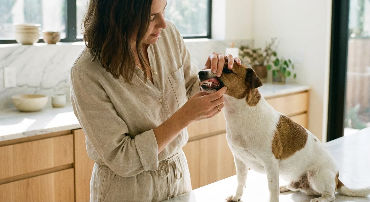 A woman examining her dog's teeth in a bright, clean kitchen.
