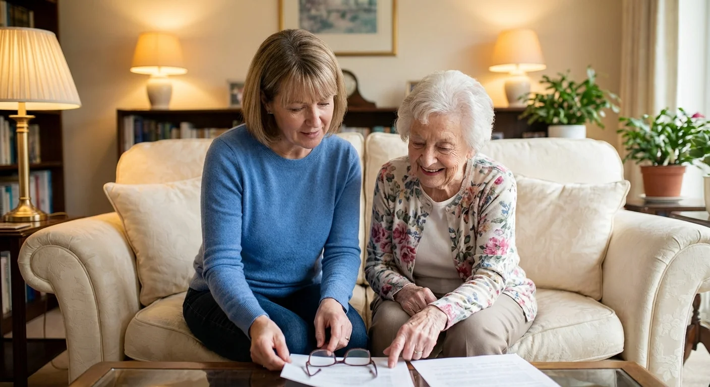A woman helping her elderly mother review documents on a sofa.
