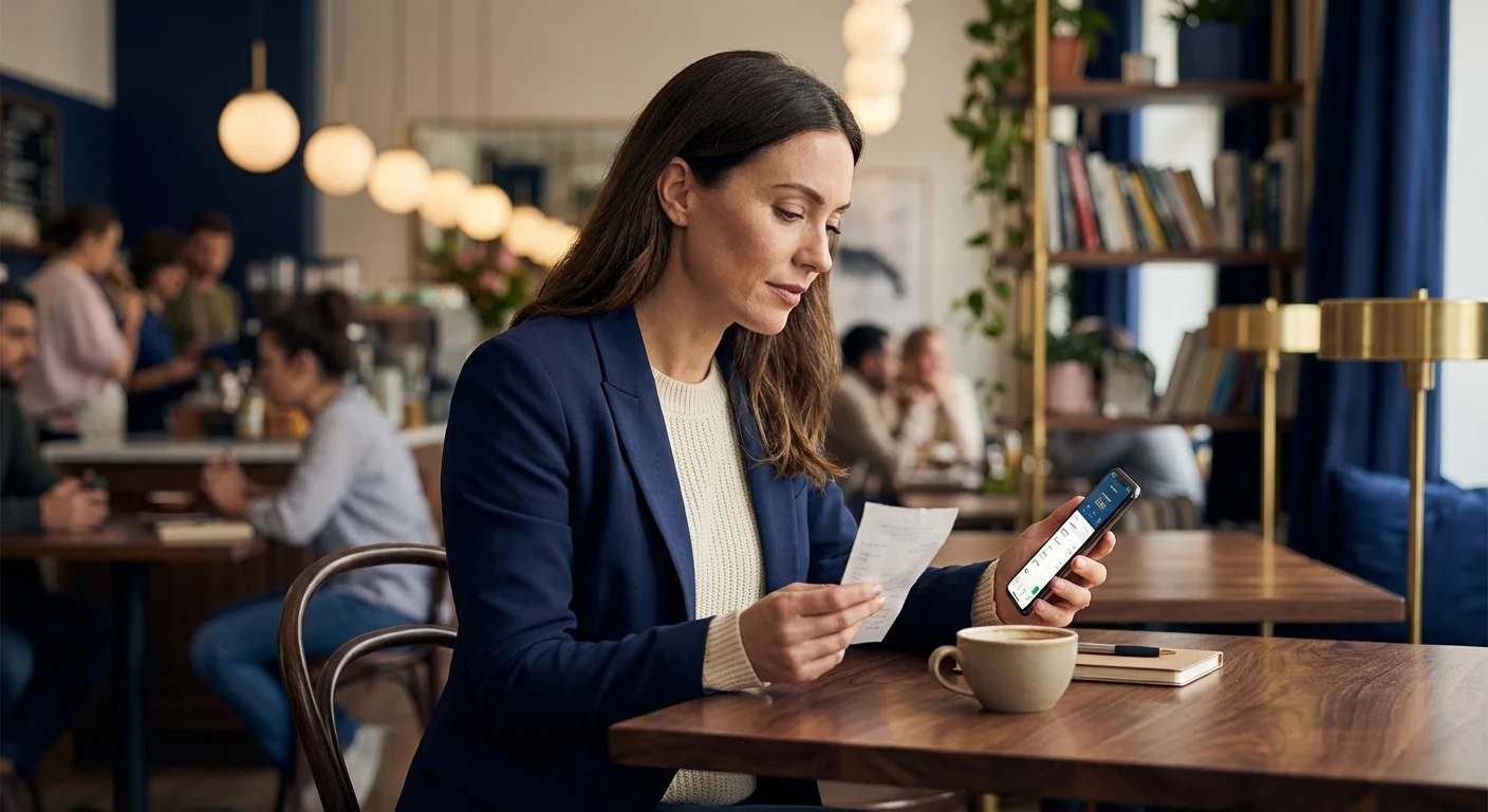 A woman in a cafe checking a paper receipt against her smartphone banking app.