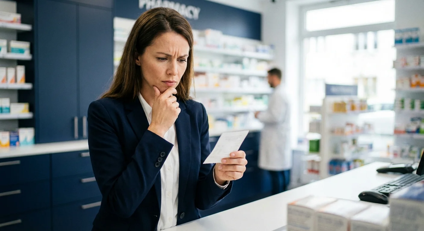 A woman looking at a pharmacy receipt in a modern, well-lit store.