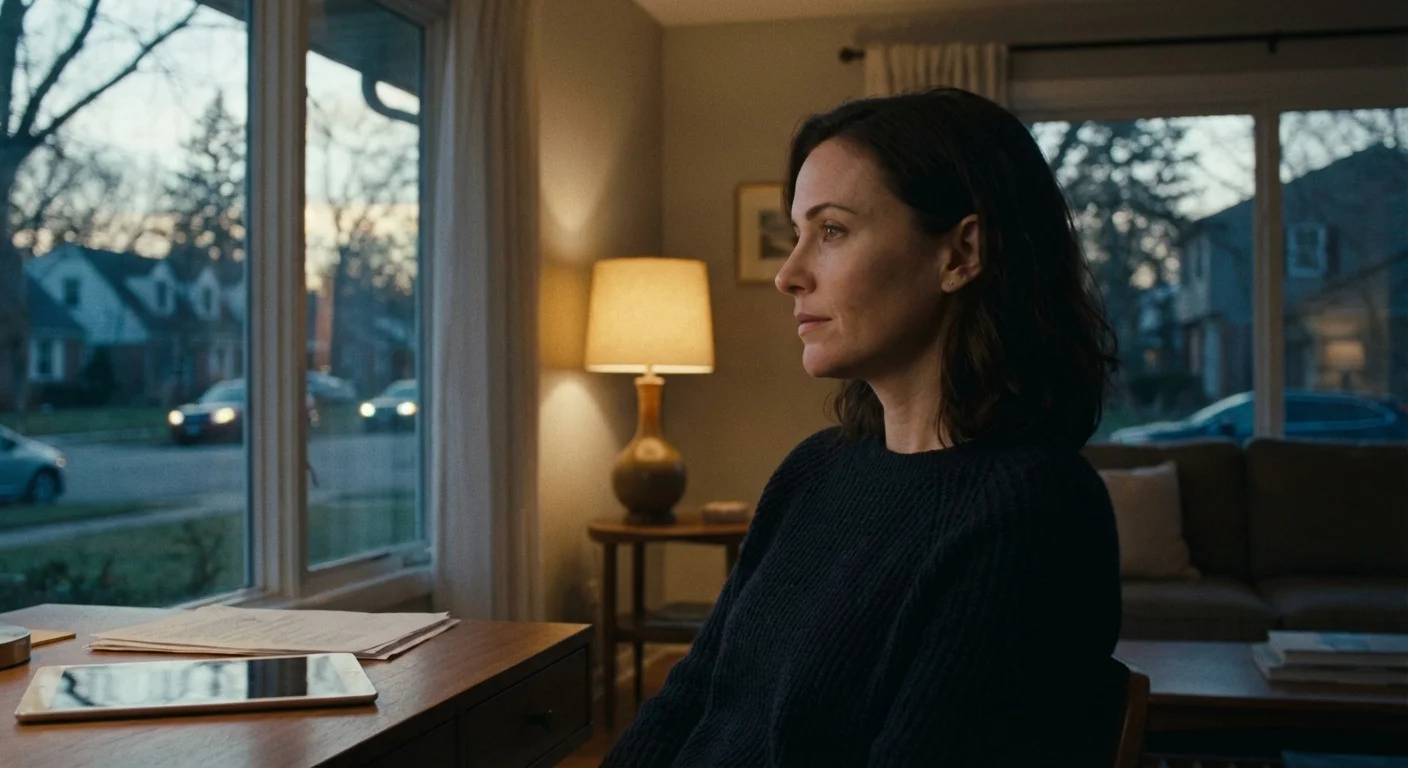 A woman looking out a window thoughtfully, reflecting on her financial choices.