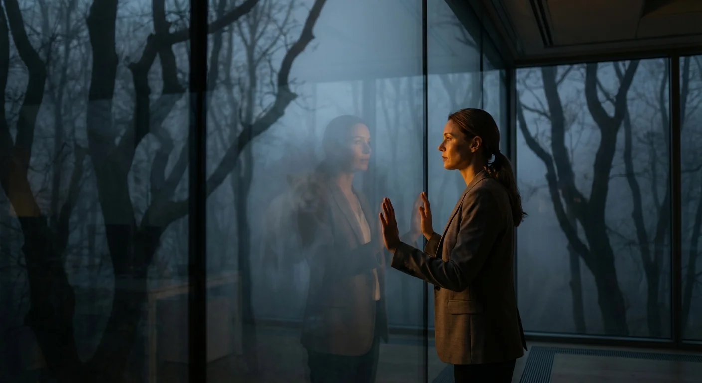 A woman looking out an office window at a misty forest, symbolizing evolutionary survival instincts.