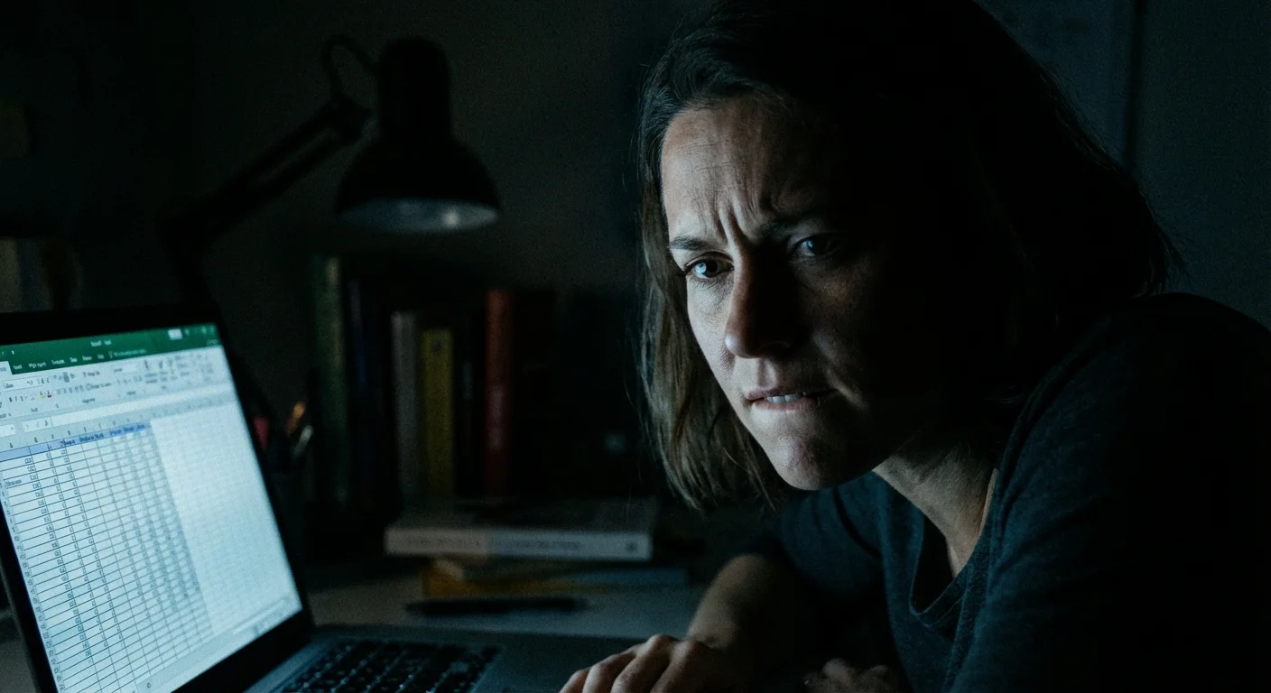 A woman looking stressed while analyzing data on a laptop in a dark room.