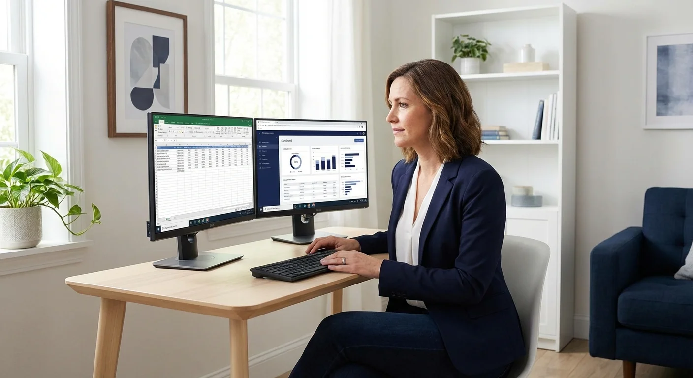 A woman looks at two computer monitors in a clean office, representing financial management.